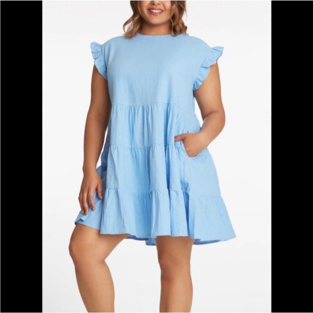 Adyson Parker blue ruffle trim tiered linen blend dress size Large